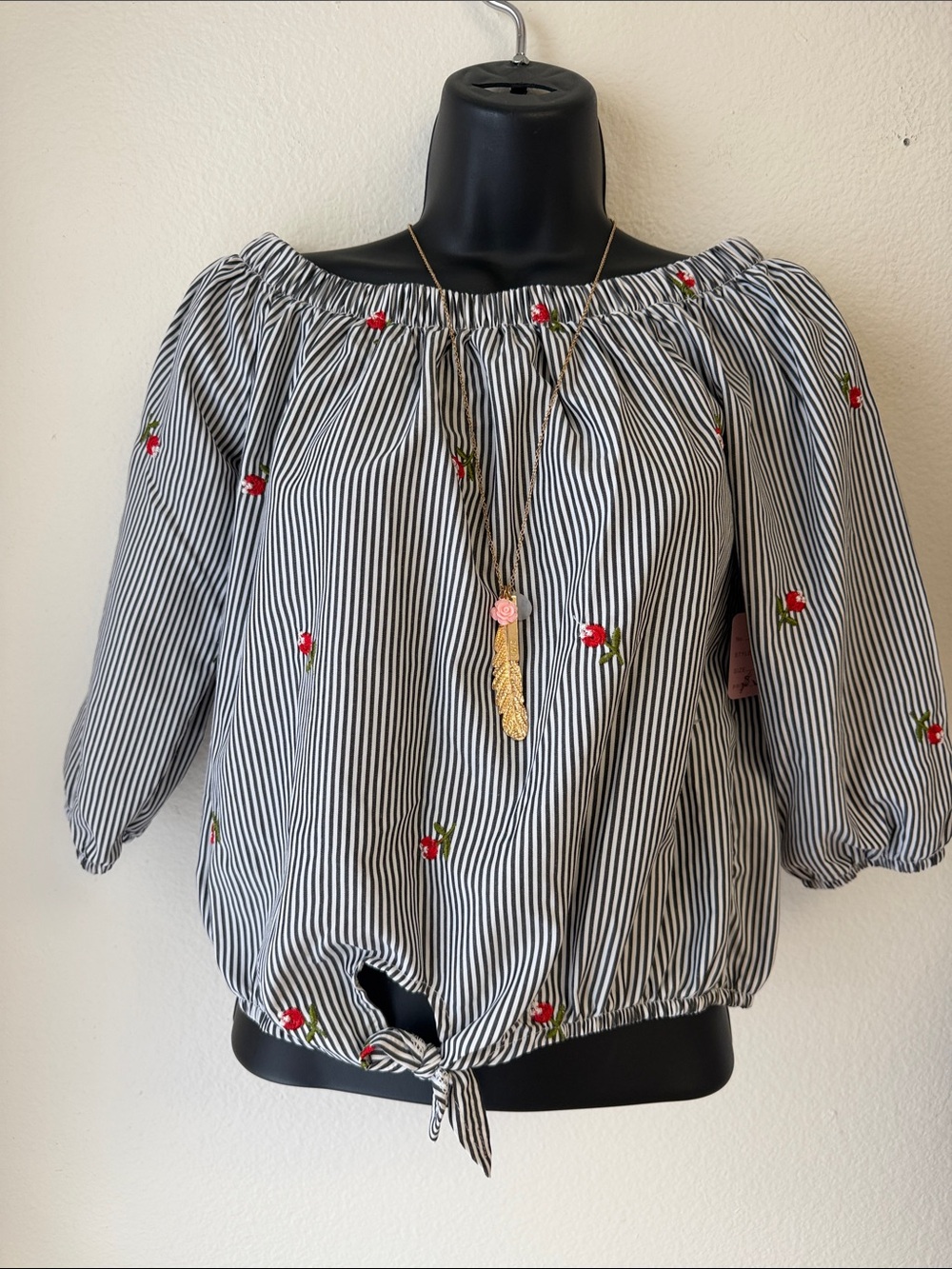Striped Off-Shoulder Tie-Hem Blouse with Red Floral Embroidery - Women